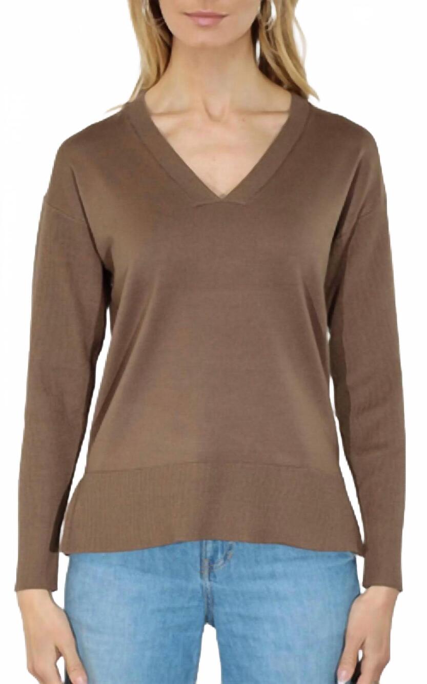 NEW METRIC KNITS v-neck pullover sweater with rib sleeve in wood